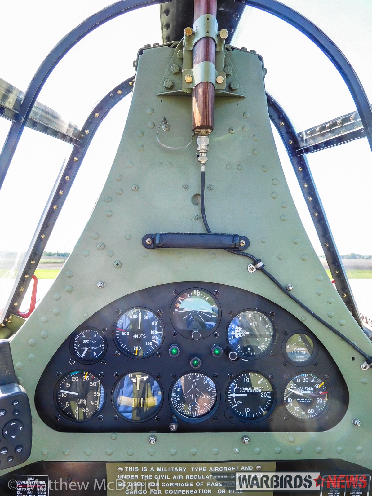 The co-pilot's instrument panel in Deckert's dual-control TBM-3E contains basic flight and engine instrumentation and landing gear position indicators. (Photo by Matthew McDaniel)