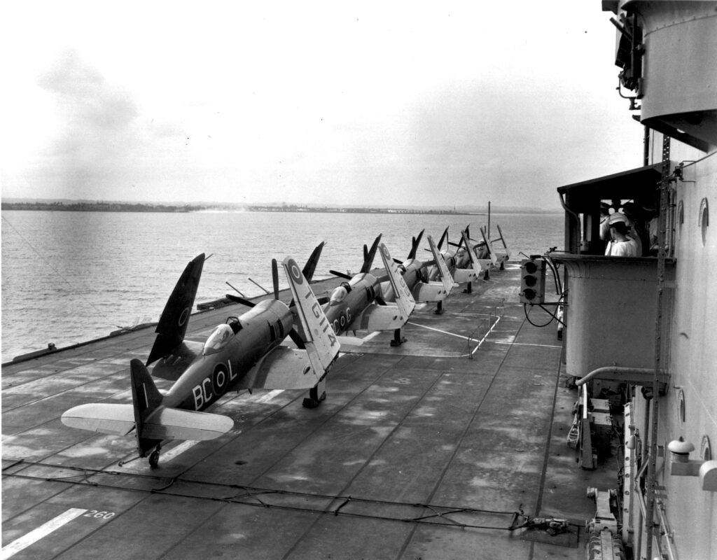 1 Sea Furies TG 114 VR 918 803 Sqn on HMS Magnificent Colon Panama March 15 1949 James WardDNDNatinal Archives of CanadaPA 168870