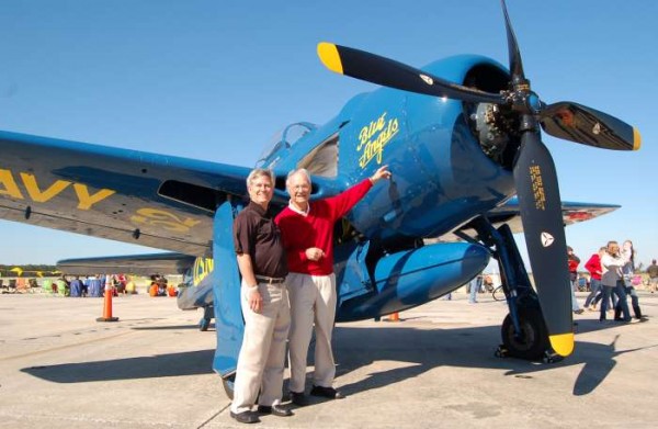 Al Taddeo with  F8F Grumman Bearcat fighter in Blue Angels colors. ( Image credit Jax Air News) 