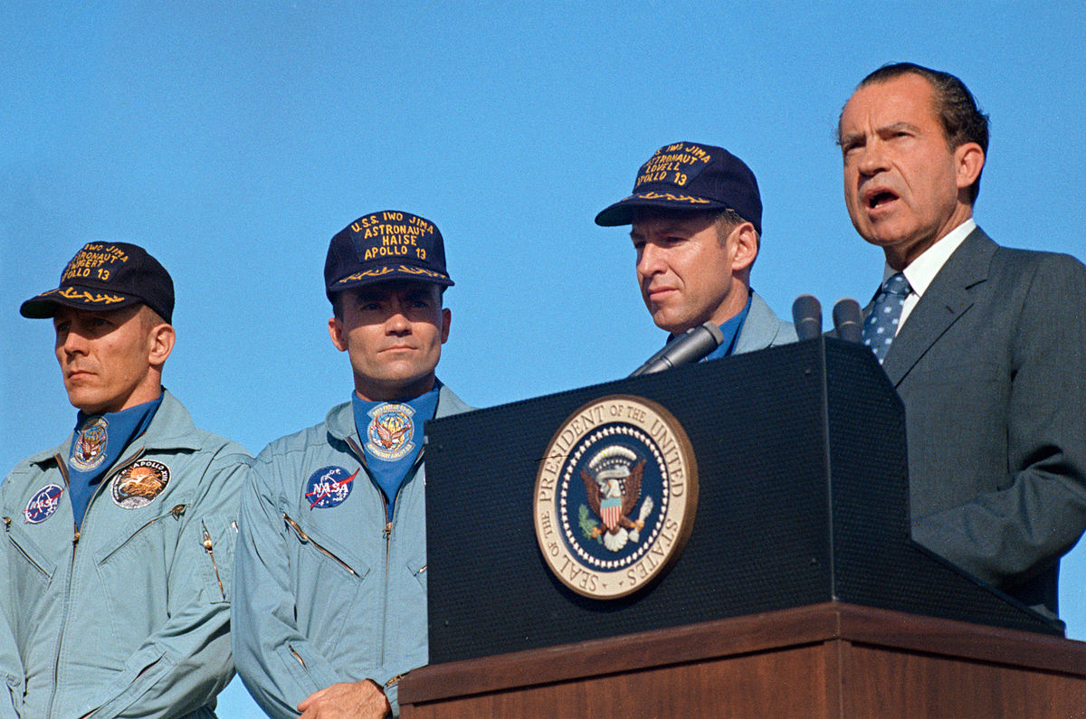 President Richard Nixon speaks before awarding the Apollo 13 astronauts the Presidential Medal of Freedom.