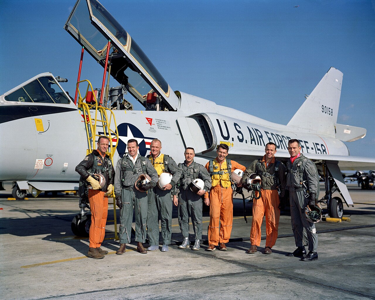 Today In Aviation History: John Glenn Makes First Supersonic Transcontinental Flight 12 1280px mercury seven astronauts with aircraft