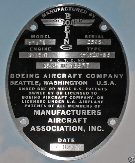 Reproduction Oval Data Plate Stamped "B-17E, Serial No. 2595, Wright Cyclone R1820-85
