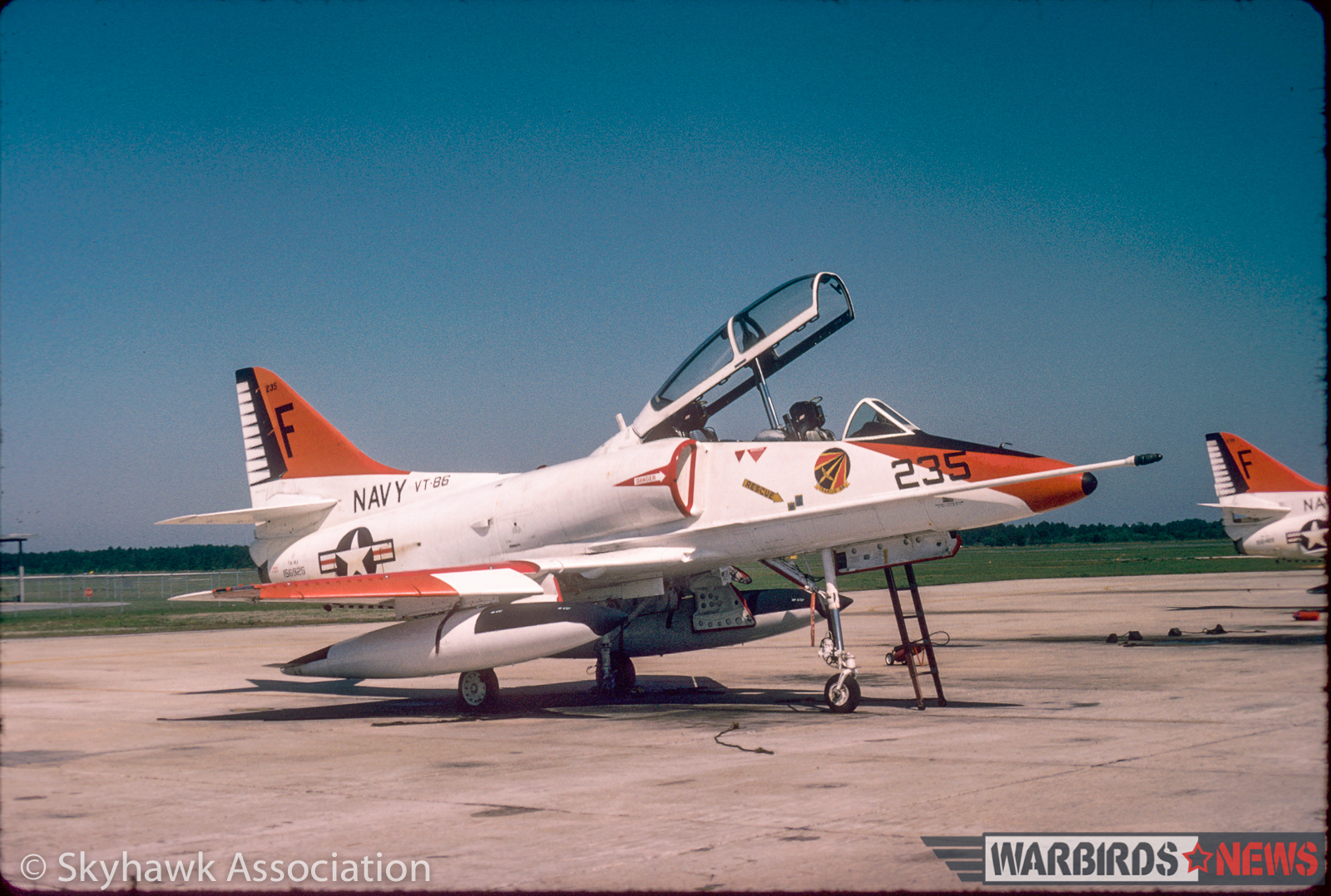 Right front view of VT-86 Sabrehawks TA-4J Skyhawk BuNo 156925 F-235, on the flightline, NAS Pensacola, 21 April 1978.
