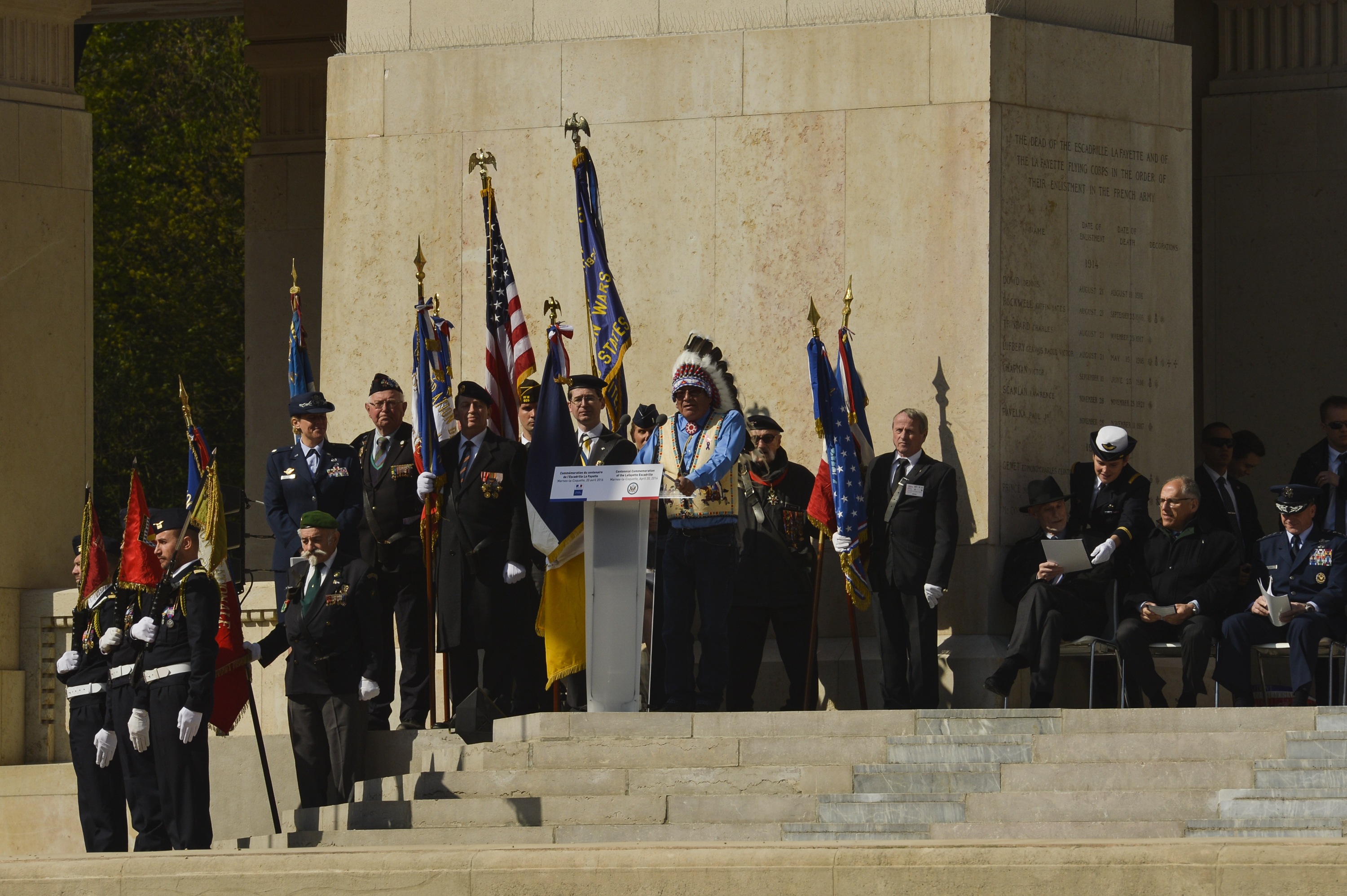 John Yellow Bird Steele, representing the Sioux Nation, offers a traditional Native American incantation during the Lafayette Escadrille Memorial 100th anniversary ceremony in Marnes-la-Coquette, France, April 20, 2016. More than 200 Americans flew with France in the Lafayette Flying Corps prior to U.S. entry into World War I. Airmen from the U.S. Air Force and their French counterparts, along with civilians from both countries attended the ceremony to honor the men who served and the sacrifices of the 68 American airmen who died fighting with the French in World War I. The memorial highlights the 238-year alliance between the U.S. and France with their long history of shared values and sacrifice. (U.S. Air Force Photo by Tech. Sgt. Joshua DeMotts/Released)