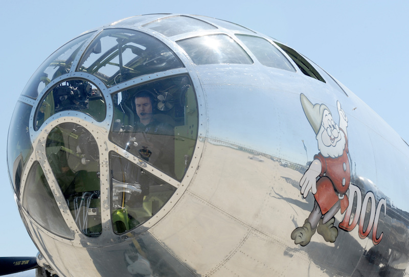 Brig. Gen. Paul Tibbets IV, 509th Bomb Wing commander, Whiteman Air Force Base, Mo., conducts pre-flight checks on Doc, a restored B-29 Superfortress, June 9, 2017, on McConnell Air Force Base, Kan. Tibbets’ grandfather, retired Brig. Gen. Paul Tibbets Jr., piloted the ‘Enola Gay,’ during WWII and dropped the world’s first atomic bomb used in warfare. (U.S. Air Force photo/Senior Airman Tara Fadenrecht)