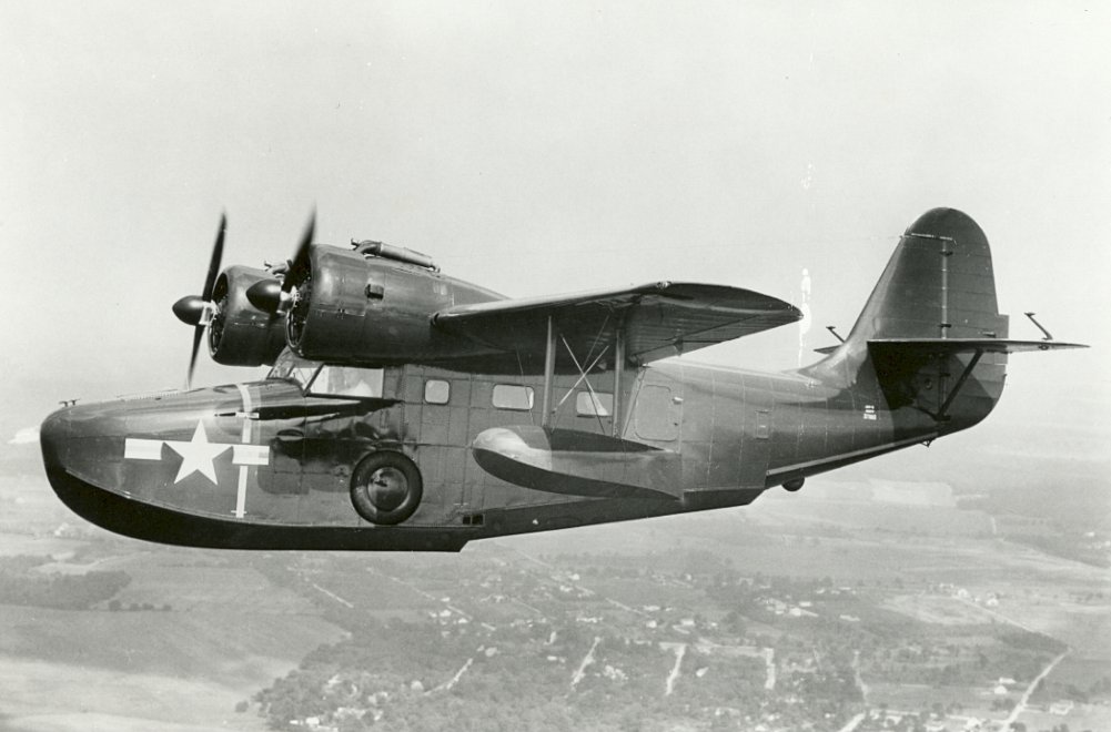 A U.S. Navy Grumman JRF Goose. The same type was the first aircraft to land on a NAS Kahului runway, under the control of base Commander Phil Haynes. [Photo Credit: National Archives]