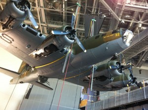 "My Gal Sal" being hoisted into place in the WWII Museum's atrium.