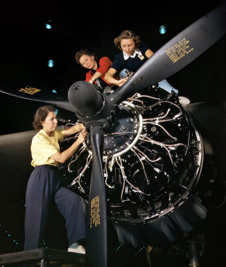 Women at work on bomber, Douglas Aircraft Company, Long Beach, California in October 1942.