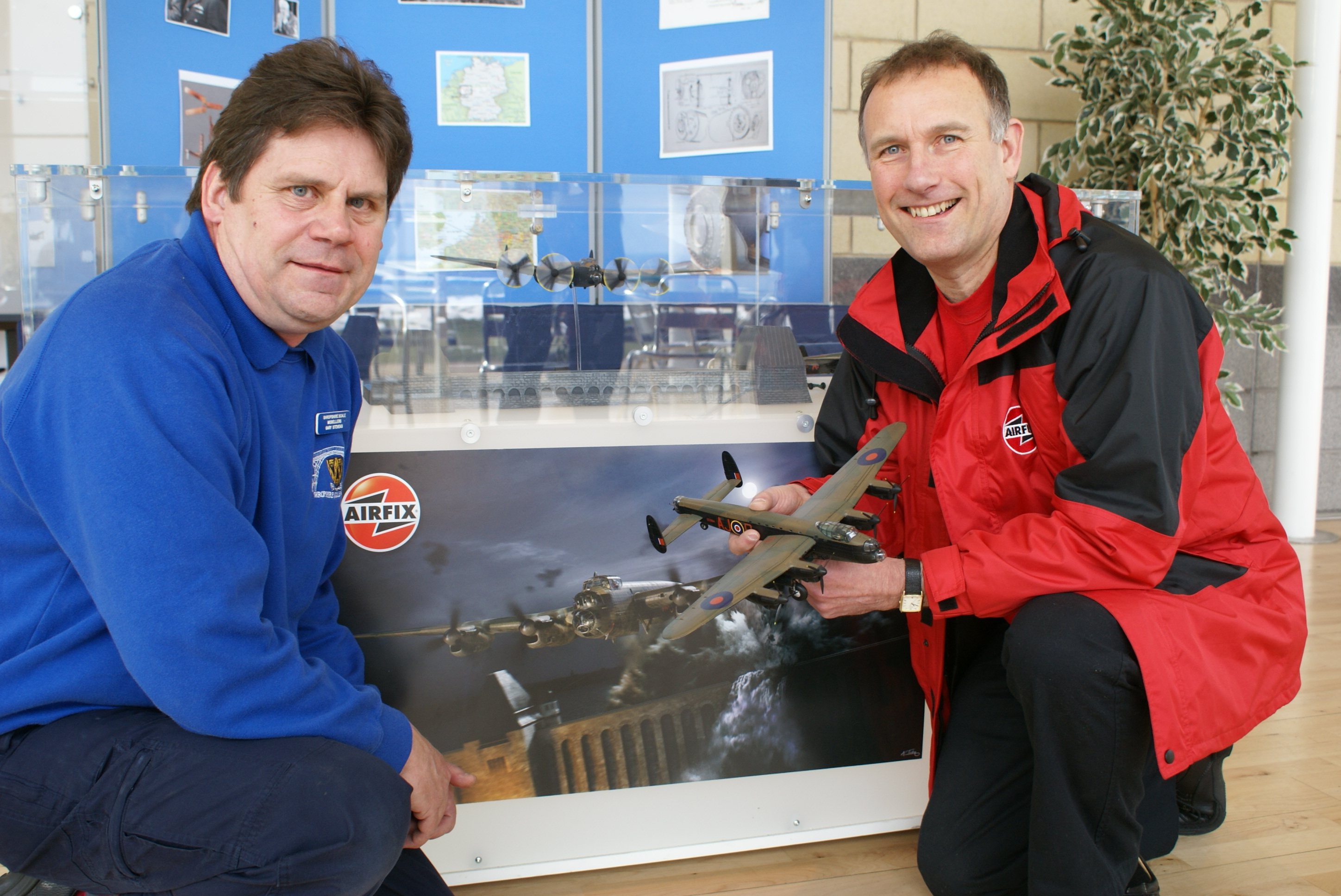 Gary Stevens of the Shropshire Scale Modellers and Darrell Burge of Airfix pose with model of Avro Lancaster.
