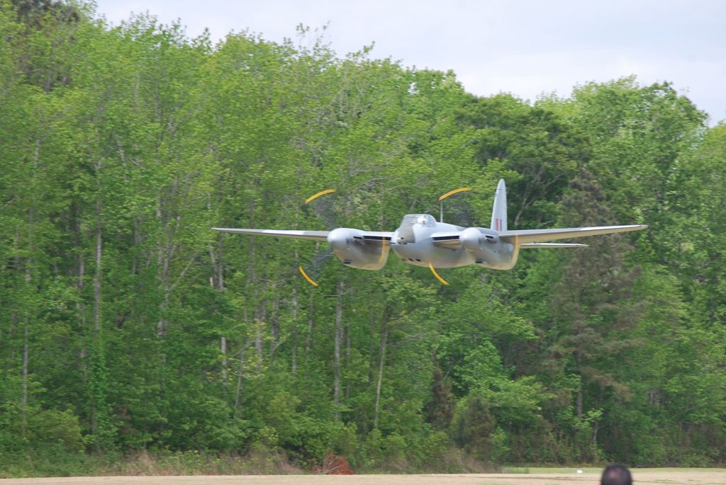 De Havilland Mosquito performs a low pass at the Fighter Factory's airfield this morning for FAA Inspectors.<br />(Image Credit: Military Aviation Museum)