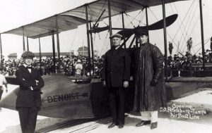Inaugural Flight of the St. Petersburg-Tampa Airboat Line: P. E. Fansler, passenger Abram C. Pheil and Tony Jannus.