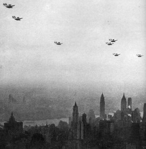 Italo Balboa's "Aerial Armada" overflies Manhattan, stopping off for a ticker-tape parade in his honor and lunch with President Roosevelt on the way home from the Century of Progress Exhibition in Chicago.