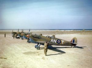 Allied Supermarine Spitfire Mark V's, modified for tropical duty, were stationed in Tunisia and Malta and were a potent force in the Mediterranean.