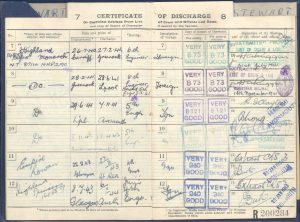 Discharge book of McLaughlin shipmate, 4th Engineer Officer, William Stewart notes discharge from the Empire Rowan on 3/27/43 "at sea."