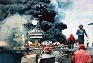 The Forrestal fire as viewed from the bow of the ship.