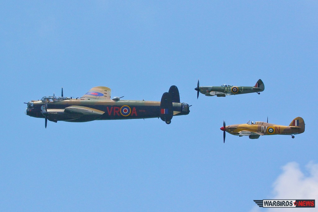 Great Britain's pride: The AVRO LANCASTER MK. X  from the Canadian Warplane Heritage , the Supermarine Spitfire Mk XVI of Vintage Wings of Canada and the Hawker Hurricane Mk IV again from Vintage Wings of Canada. (Image Credit: Tom Pawlesh)