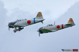 The Japanese replicas: Ken Laird's Aichi D3A VAL and Douglas Jackson's Mitsubishi A6M2 Zero. (Image Credit: Tom Pawlesh)