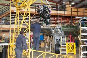 Freshly-rebuilt Rolls Royce Merlins get installed in the Mosquito. (Image Credit: Victoria Air Maintenance, Ltd.)