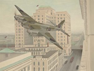 Artist rendering of 'F for Freddie' buzzing the streets of Calgary on May 9, 1945. (Image Credit: Calgary Mosquito Society)