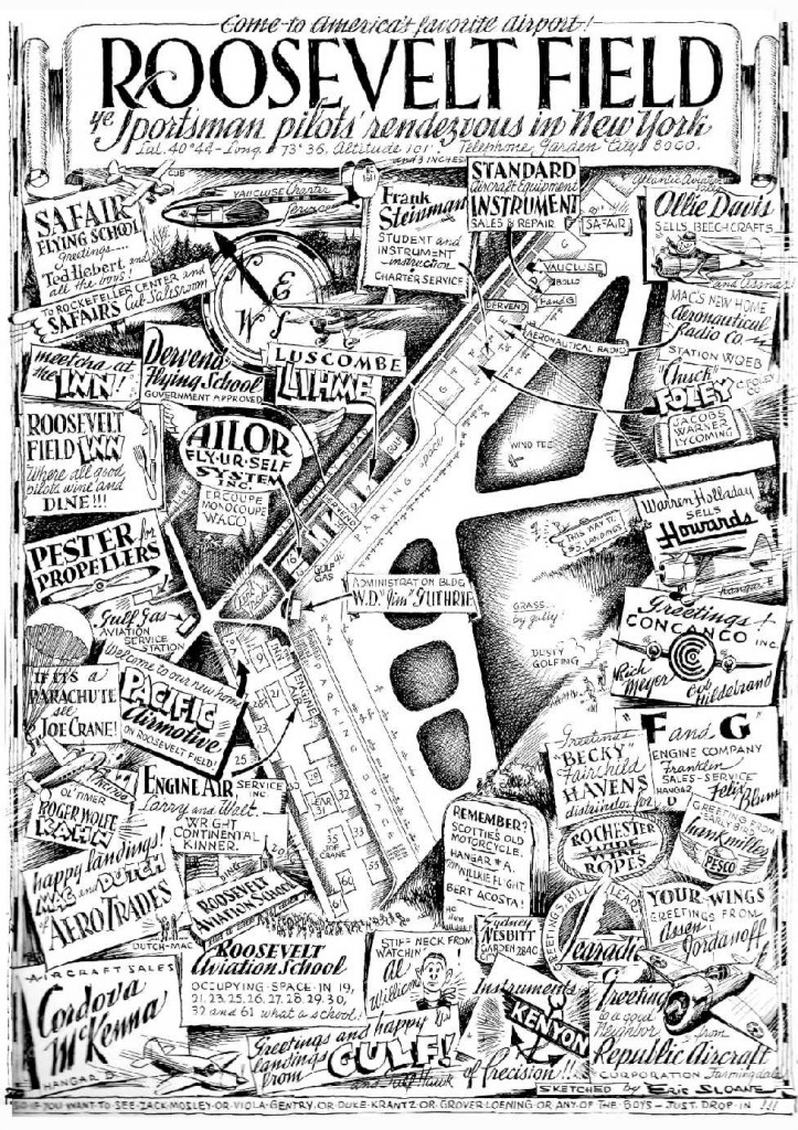 1941 advertisement, aimed at private pilots shows the dizzying array of aviation businesses at Roosevelt Airport vying for their patronage.