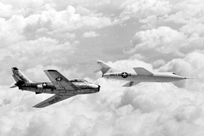 This 1950s photograph shows the Douglas D-558-II and the North American F-86 Sabre chase aircraft in-flight. Both aircraft display early examples of swept-wing airfoils.