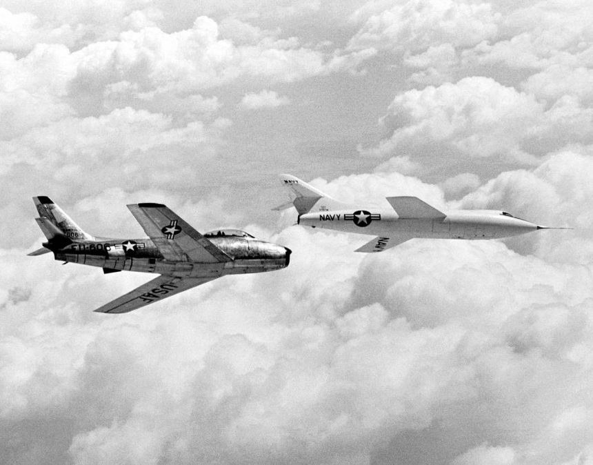 This 1950s photograph shows the Douglas D-558-II and the North American F-86 Sabre chase aircraft in-flight. Both aircraft display early examples of swept-wing airfoils.