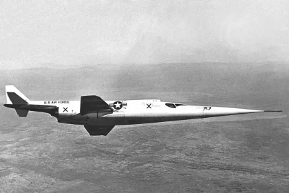 This in-flight NACA High-Speed Flight Station (now NASA’s Armstrong Flight Research Center in Edwards, California) photograph of the X-3 Stiletto illustrates the aircraft’s long slender fuselage and the small wings.