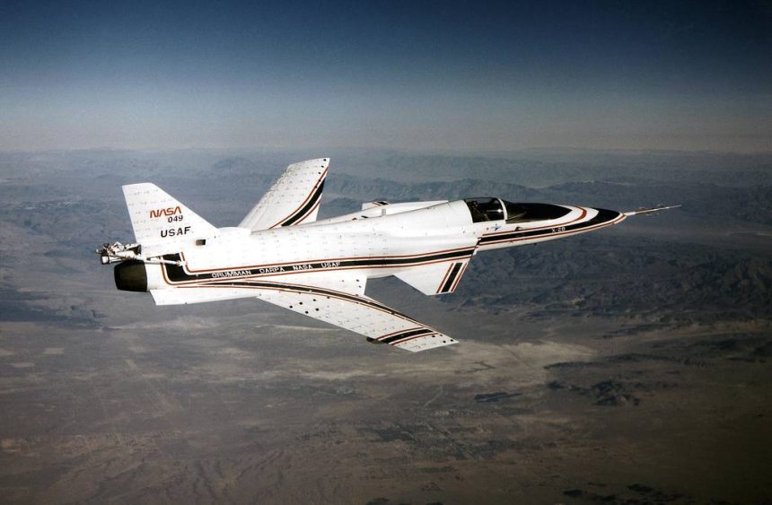 The No. 2 X-29 technology demonstrator aircraft is seen here during a 1990 test flight.