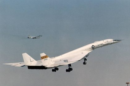 The XB-70 Valkyrie is seen taking off on a research flight, escorted by a TB-58 chase plane.
