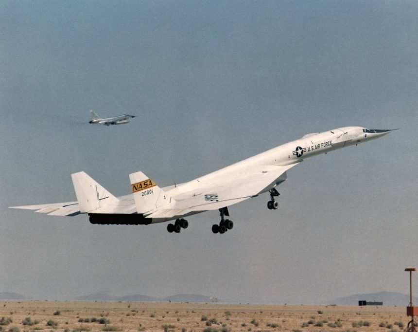 The XB-70 Valkyrie is seen taking off on a research flight, escorted by a TB-58 chase plane.