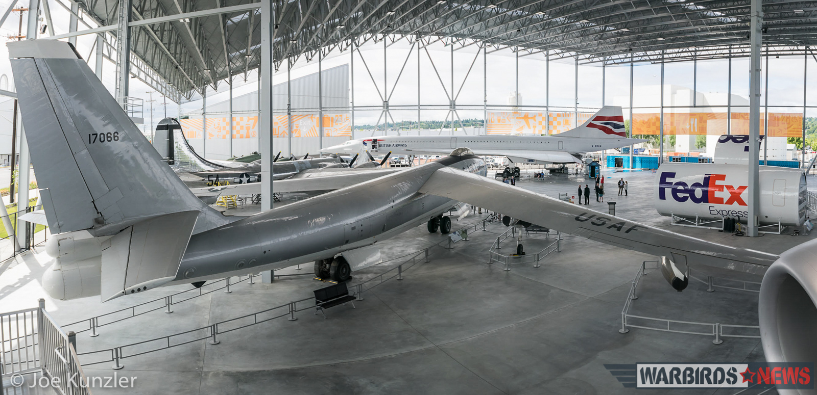 A panoramic view of the Museum of Flight Aviation Pavilion showing the Boeing B-47 in the foreground. (photo by Joe Kunzler)