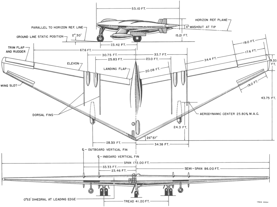 965px Northrop YRB 49A 3 view line drawing