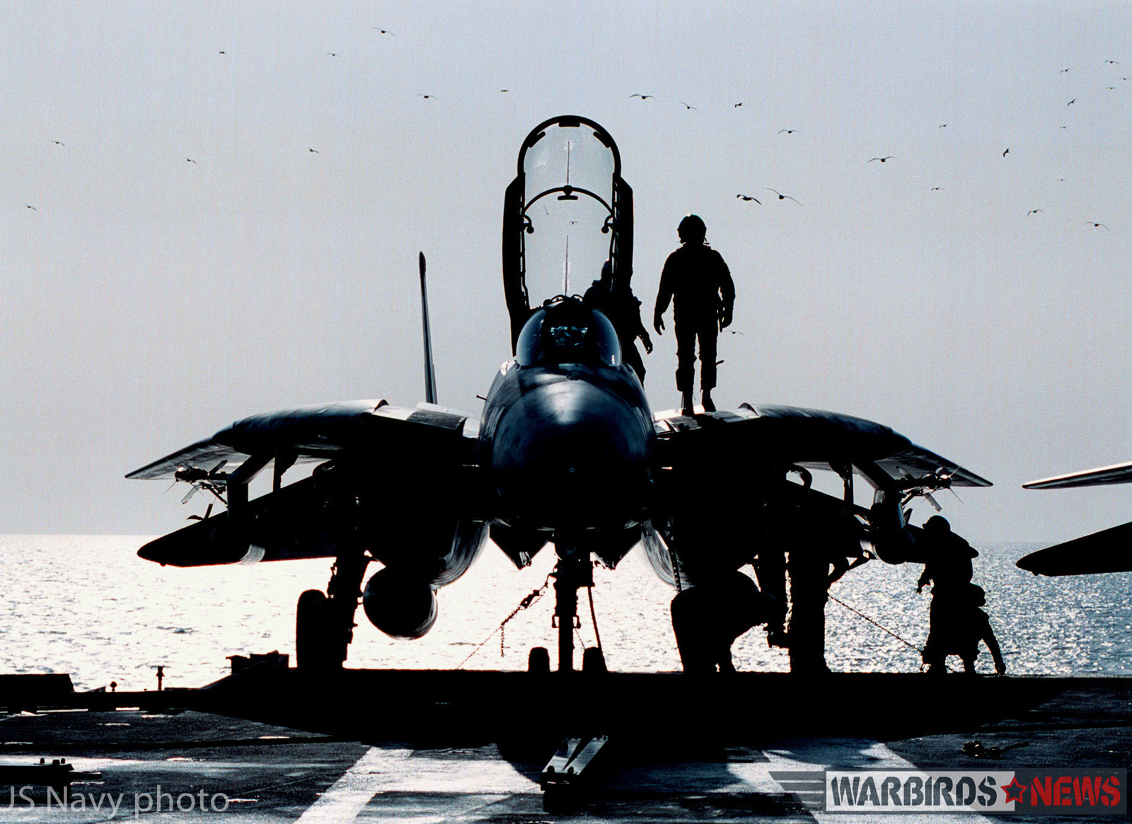 Aboard USS George Washington (February 2, 1998) -- A pilot from Fighter Squadron One Zero Two gives his F-14B “Tomcat” a pre flight inspection on the flight deck. VF-102 and USS George Washington (CVN 73) are currently conducting operations in the Arabian Gulf during a six month deployment. Official U.S. Navy photo by Photographer’s Mate 3rd Class Joseph Hendricks. (RELEASED)