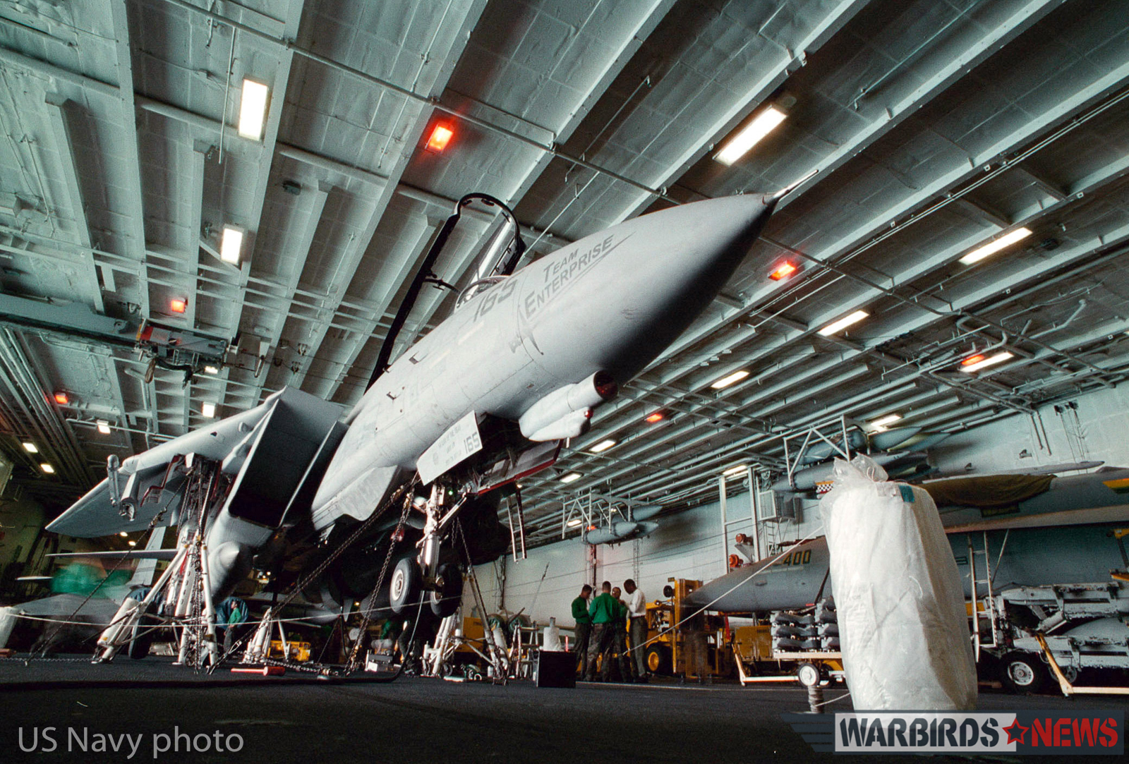 At sea aboard USS Enterprise (CVN 65) (Nov. 6, 1998) -- An F-14 "Tomcat" from Fighter Squadron Thirty Two (VF-32) undergoes a check for proper operation of its landing gear. The USS Enterprise deployed to the Arabian Gulf. U.S. Navy Photo by Photographer's Mate 1st Class Nicholas D. Sherrouse. (RELEASED)