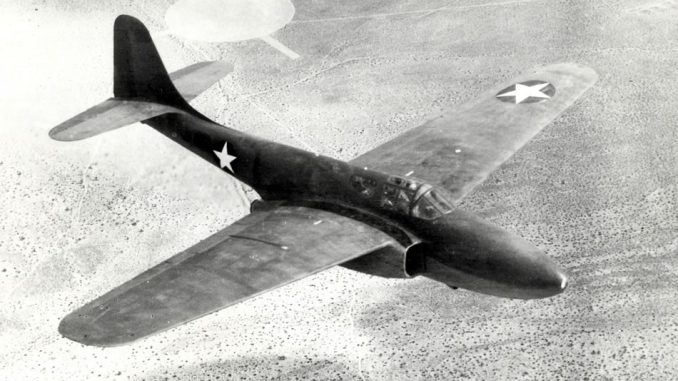 Black and White image of Bell XP-59A Airacomet first flight at Muroc Dry Lake, 1 October 1942. (U.S. Air Force)