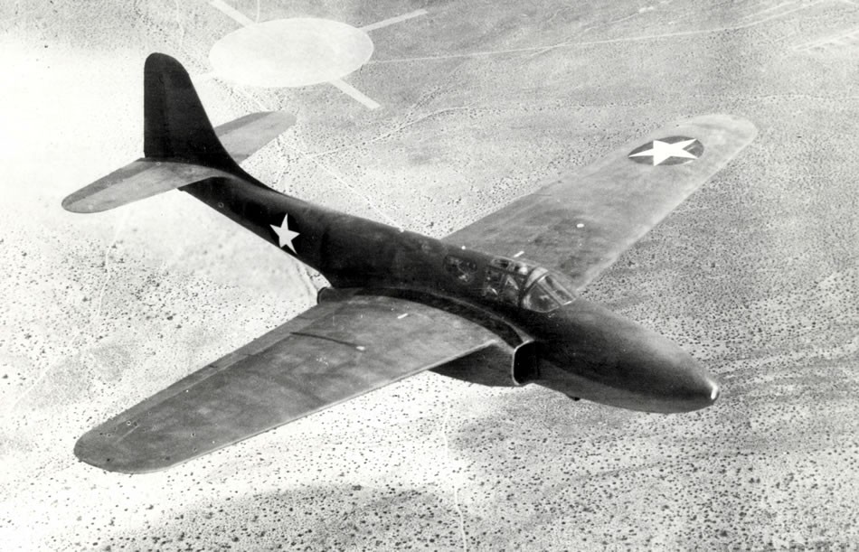 Black and White image of Bell XP-59A Airacomet first flight at Muroc Dry Lake, 1 October 1942. (U.S. Air Force)