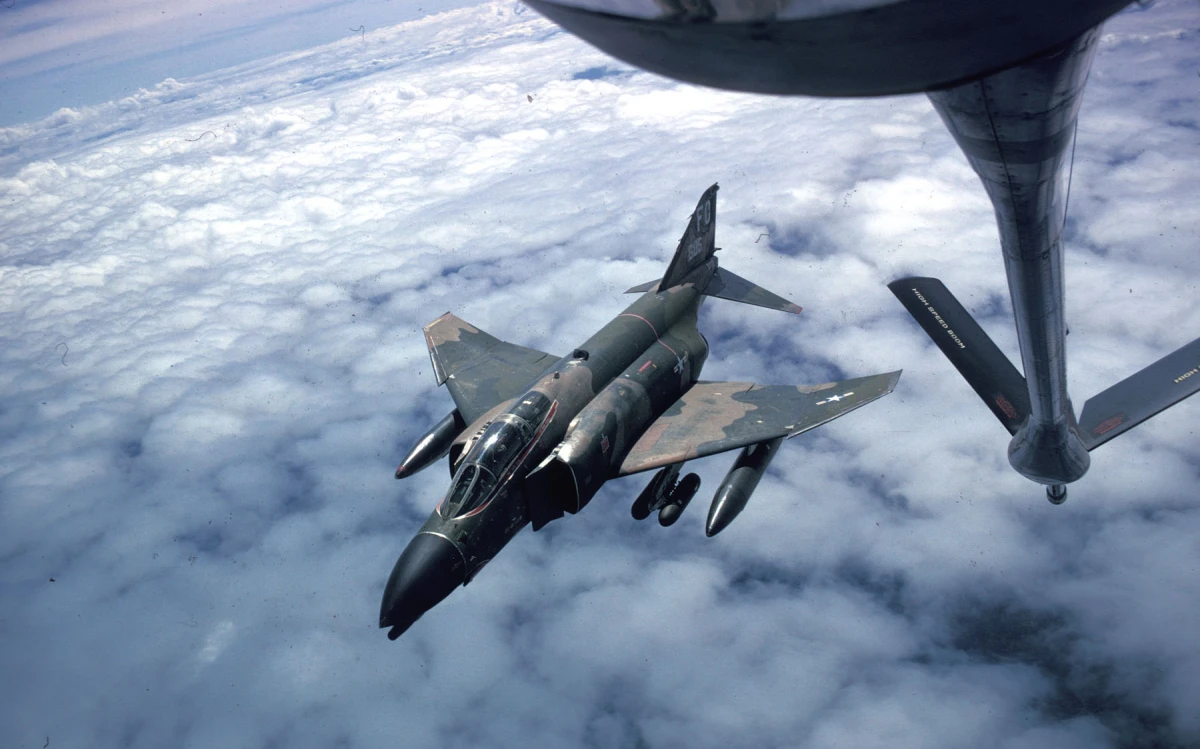 A U.S. Air Force McDonnell F 4D Phatom being refueled over Vietnam