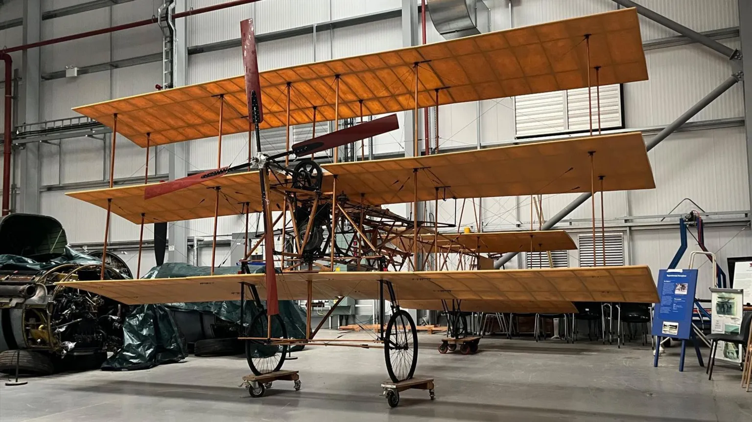 A replica of the first all British aeroplane the Roe 1 Triplane replica is on display