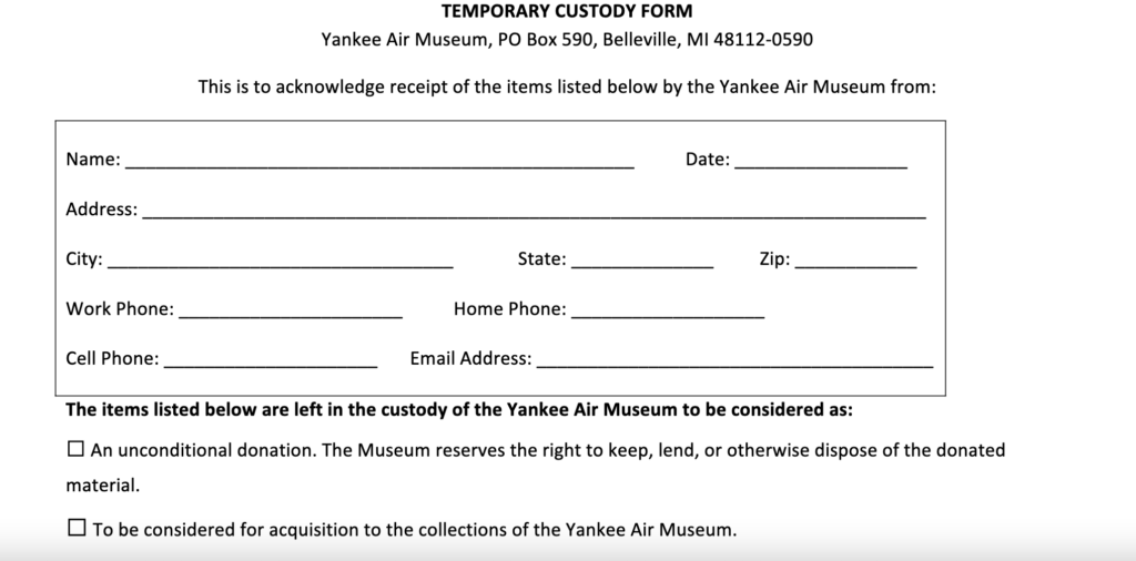 A temporary custody receipt from the then Yankee Air Museum