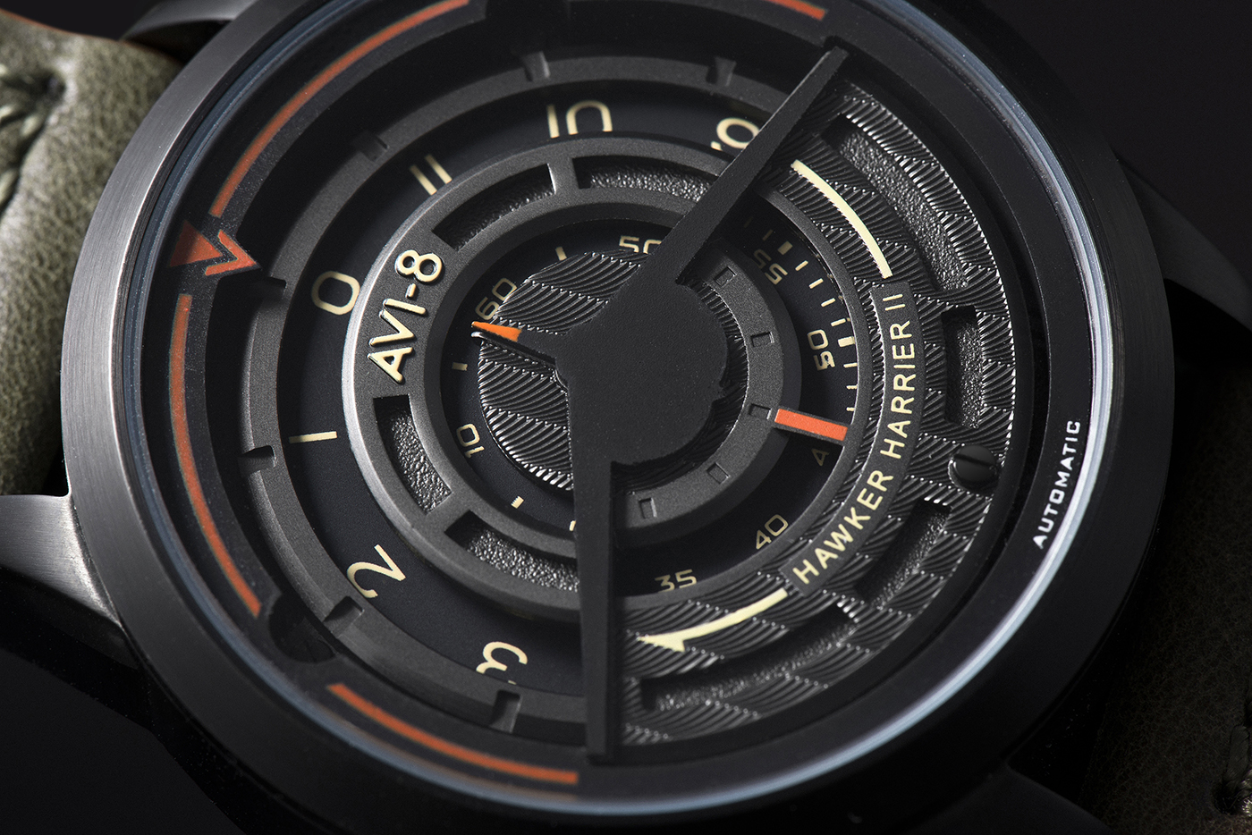 A close-up of the Titanium Carbide coated version of the AV 4047 Harrier II timepiece.