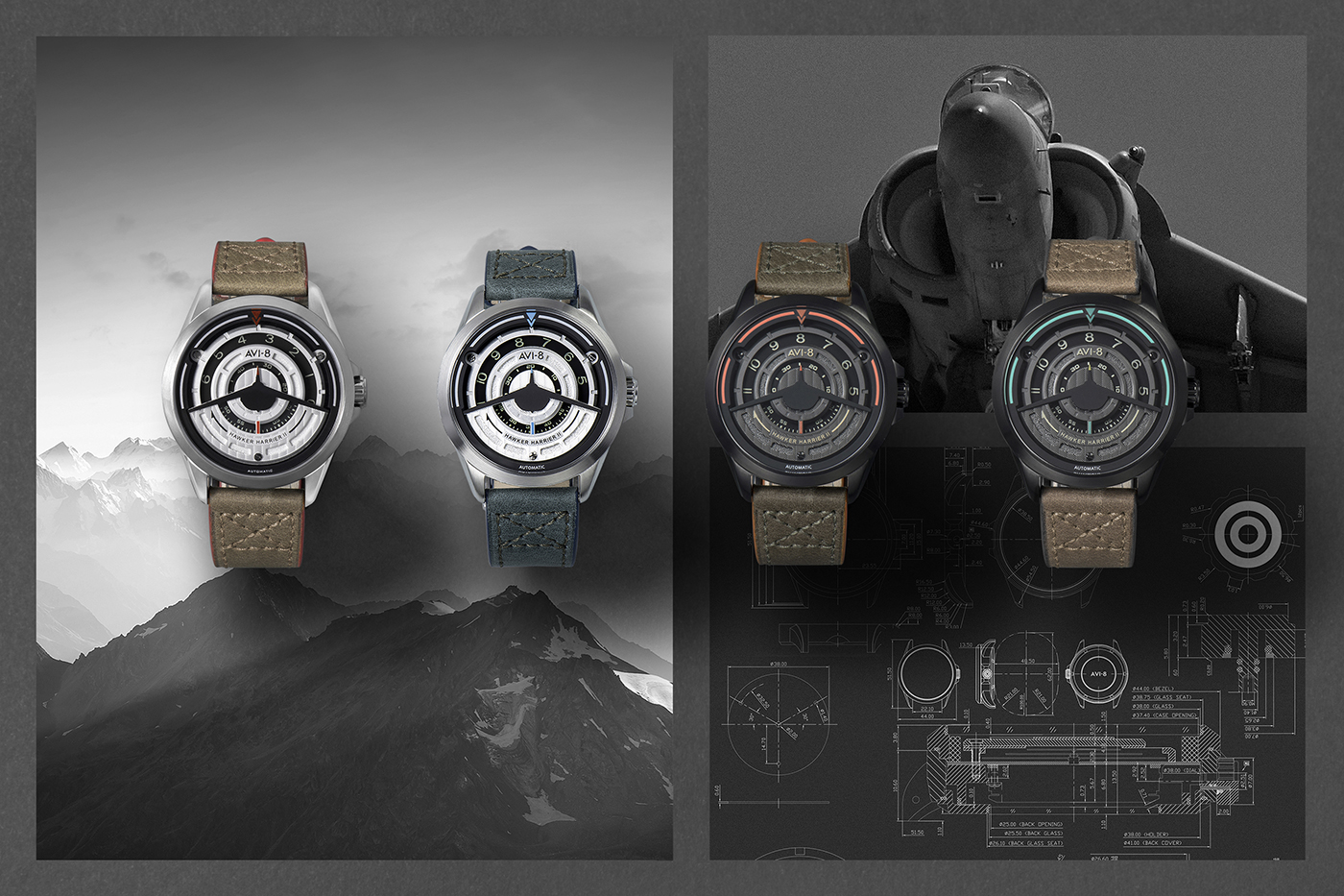 Some of the varieties of AVI-8's AV 4047 timepiece. 