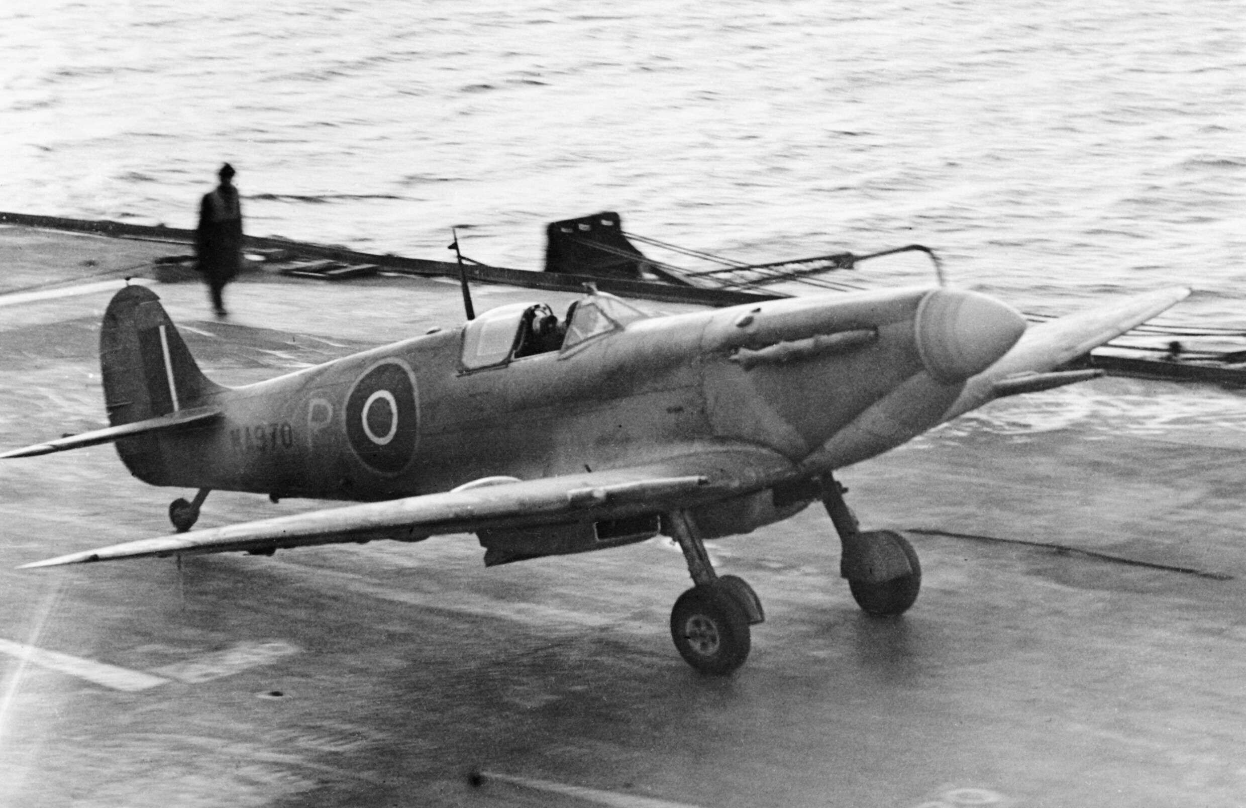 A Supermarine Seafire landing on board HMS ILLUSTRIOUS February 1943. A20643