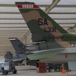 An F16 from the 149th Fighter Wing at Joint Base San Antonio Lackland is painted with a Vietnam era 3