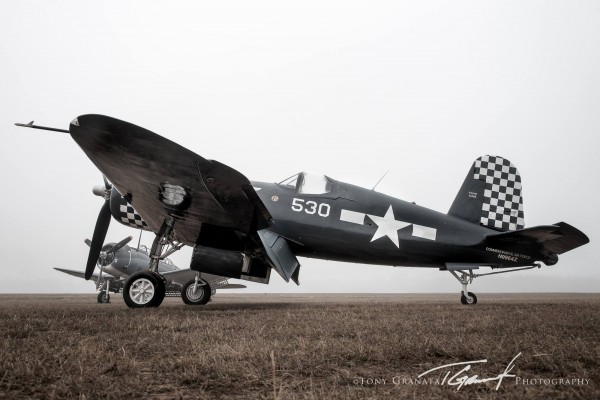 The fog created a unique atmosphere for the Nov. 16th workshop. Here the Dixie Wing  FG-1D Corsair and the SDB-5 Dauntless. ( Image by Tony Granata)  