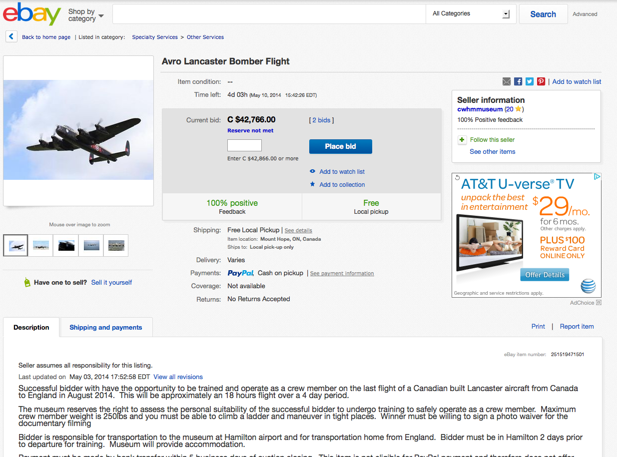 Avro Lancaster Bomber Flight - eBay auction