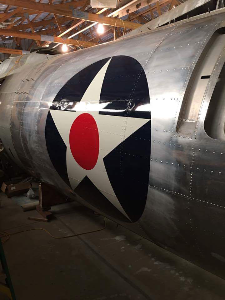 Desert Rat has received her fuselage insignia, painted on the fuselage prior to receiving camouflage, just the way Boeing did it during wartime production. (photo via Vintage Aviation Museum) 
