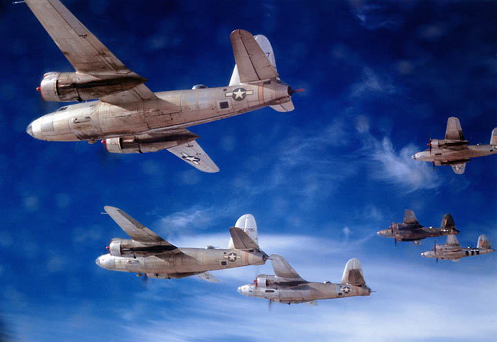 B 26 Marauder The first and second flights of a squadron taken from a third flight wing ship