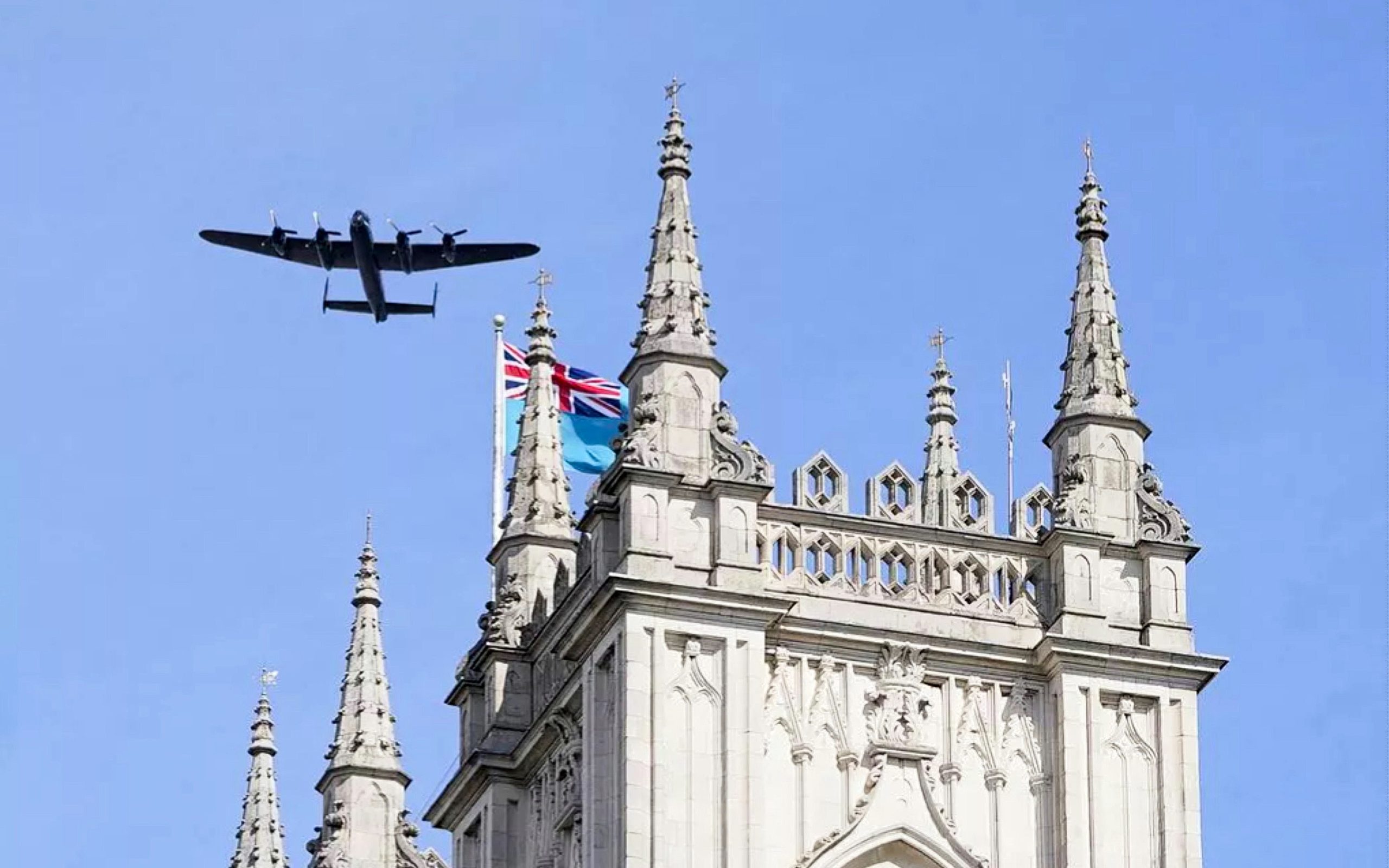 BBMF Lancaster PA474 over Westminster Abbey on Sunday 21st September 2025. Photo Crown copyright scaled