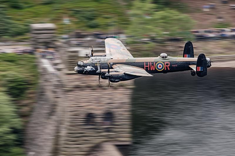 BBMF Lancaster PA474 passing the dam’s towers on Derwent Reservoir. ( Image Credit: Air Team Canon)