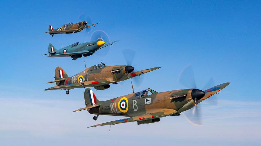BBMF Spitfire IIa P7350 Hurricane Mk II LF363 Spitfire PR Mk XIX PM631 and two seat Spitfre T9 SM520 G ILDAPhoto Darren H
